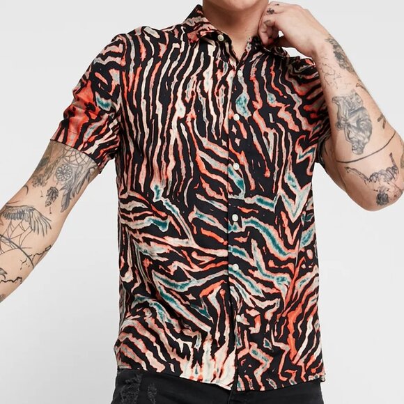 Topman Slim Fit Tiger Animal Print Shirt Sleeve Button Up Shirt, Mens Small - Picture 4 of 4